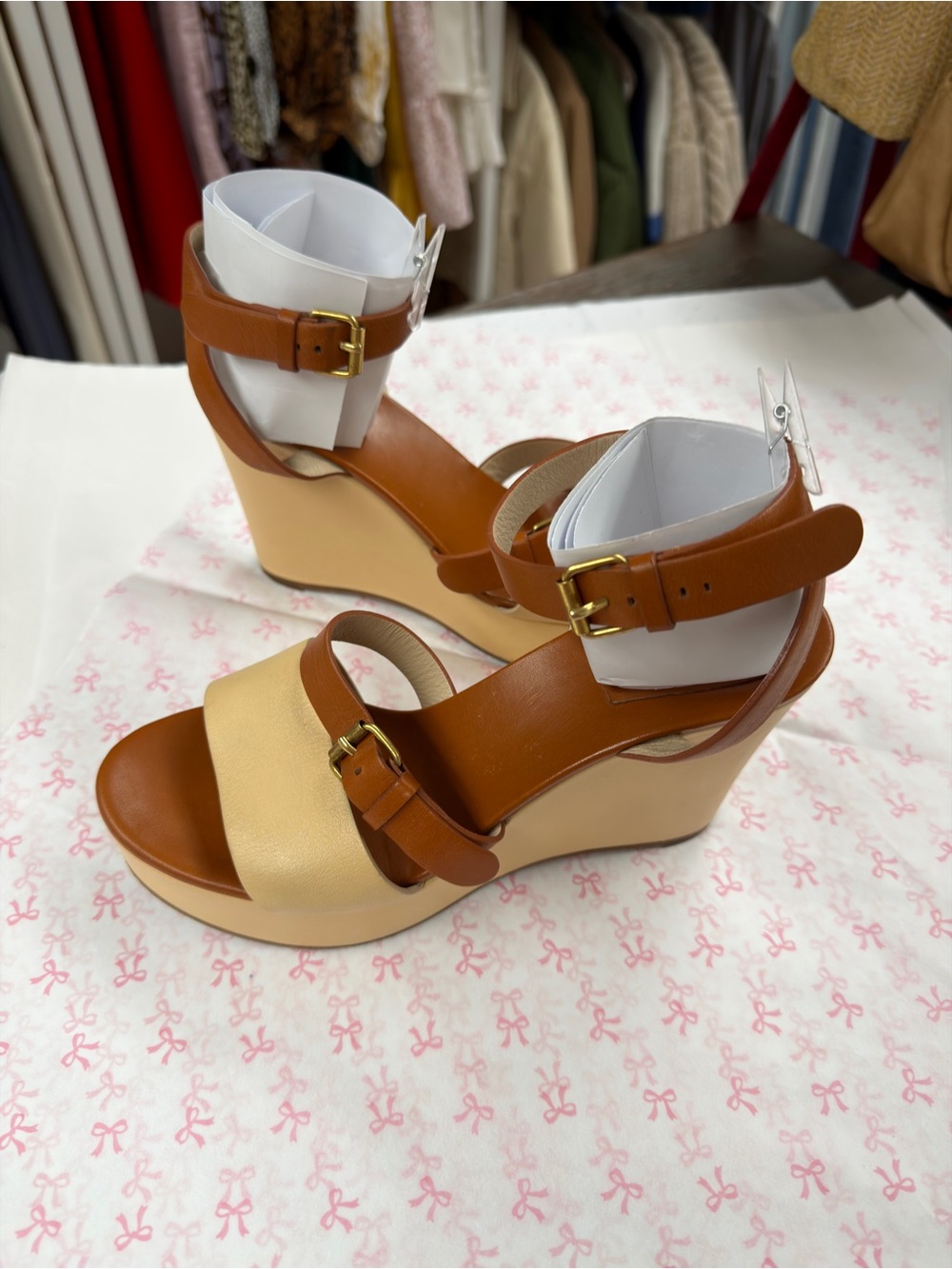 Chloe Tan and Cream Leather Wedge Sandals